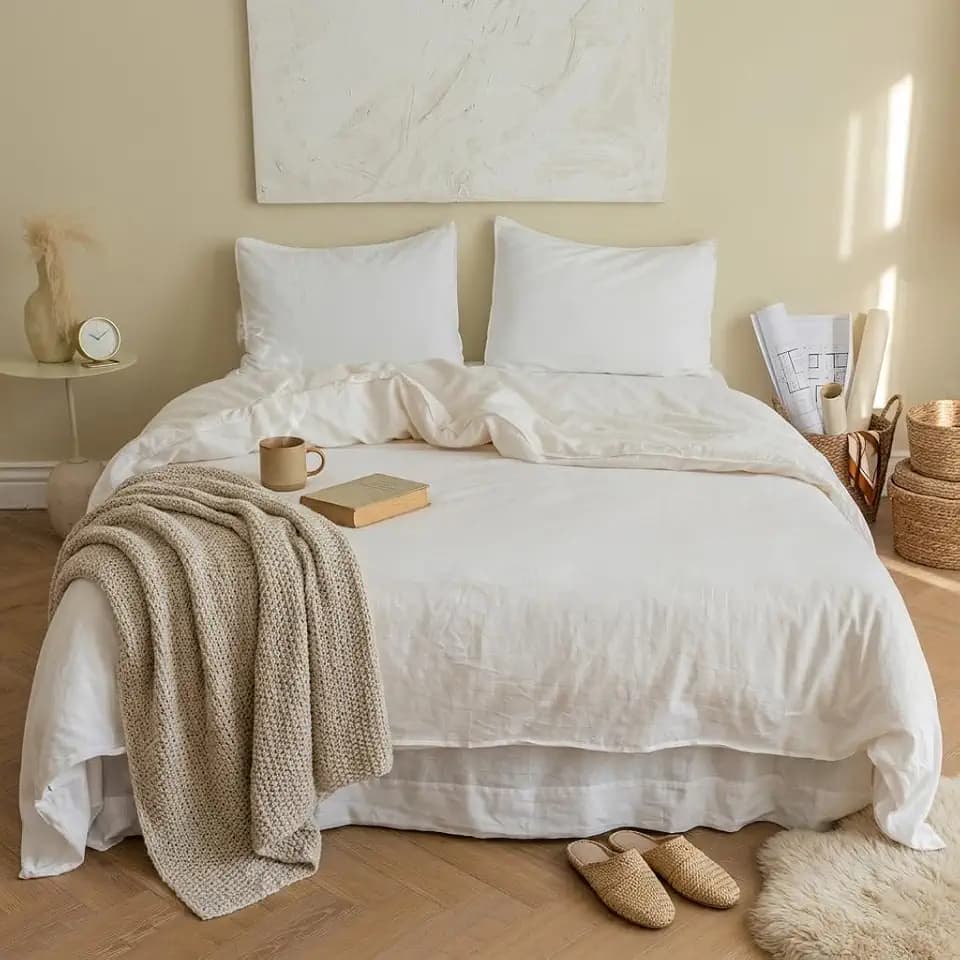 BISELINA French Linen Duvet Cover Set 3pcs with Hidden Zipper Closure Natural Flax Cotton Blend Solid Color Soft Breathable Luxury Farmhouse Bedding -Queen Size, White