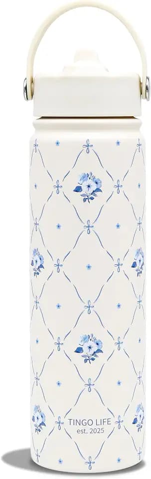 25oz Insulated Stainless Steel Aesthetic Cute Water Bottle - 2 Lids Included (Straw + Spout Lids), Leakproof BPA-Free, Chinoiserie floral lattice Design, Perfect Gym/Yoga/Office Companion