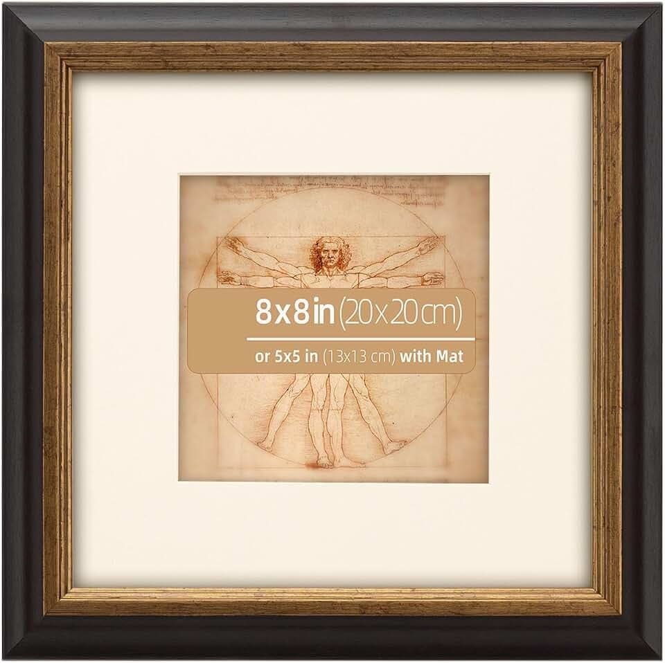 8x8 Mahogany and Antique Bronze 2 Tone Vintage Neutral Picture Frame, Hand Painted Real Wood Profile, Creamy Museum Archival Matted for 5x5 Photo, Rustic Gold Inner Border