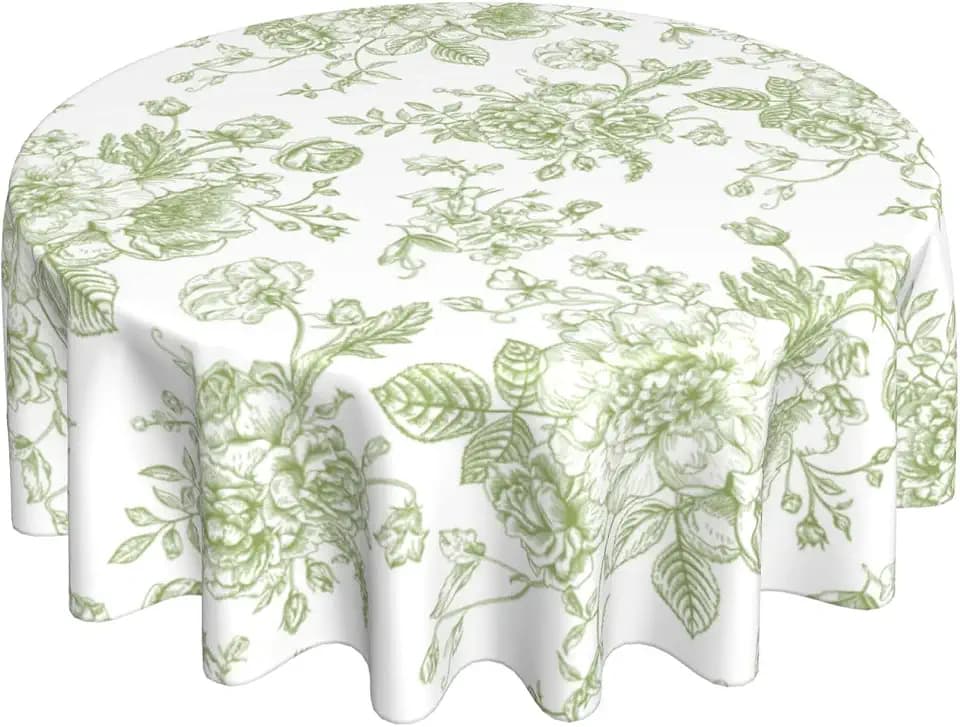 Sage Green Floral Tablecloth 70 Inch Round Vintage Chinoiserie Flower Green Table Cloth Spring Decorative Polyester Stain Resistance Round Table Cover for Party Picnic Kitchen Decor Outdoor