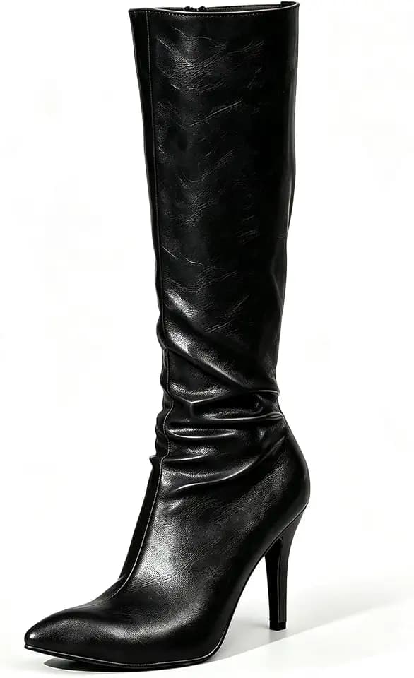 GATUXUS Women Knee High Boots Pointed Toe Stilettos Slouch Tall Shoes