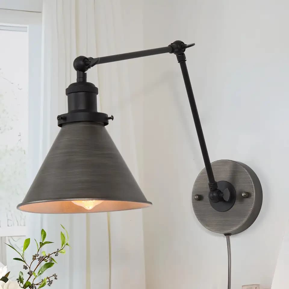 LALUZ Black Wall Sconces Lighting, Modern Swing Arm Plug-in or Hardwired Adjustable Wall Lamp with Antique Silver Finish for Bedroom, Kitchen, and Living Room