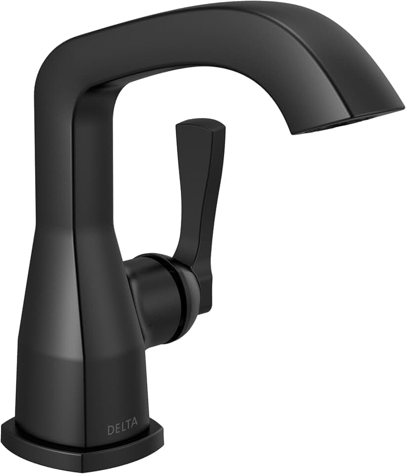 Delta Faucet Stryke Single Hole Bathroom Faucet, Black Single Handle Bathroom Faucet, Bathroom Sink Faucet, Delta Matte Black Bathroom Faucet, Metal Push Pop-Up Drain, Matte Black 576-BLMPU-DST