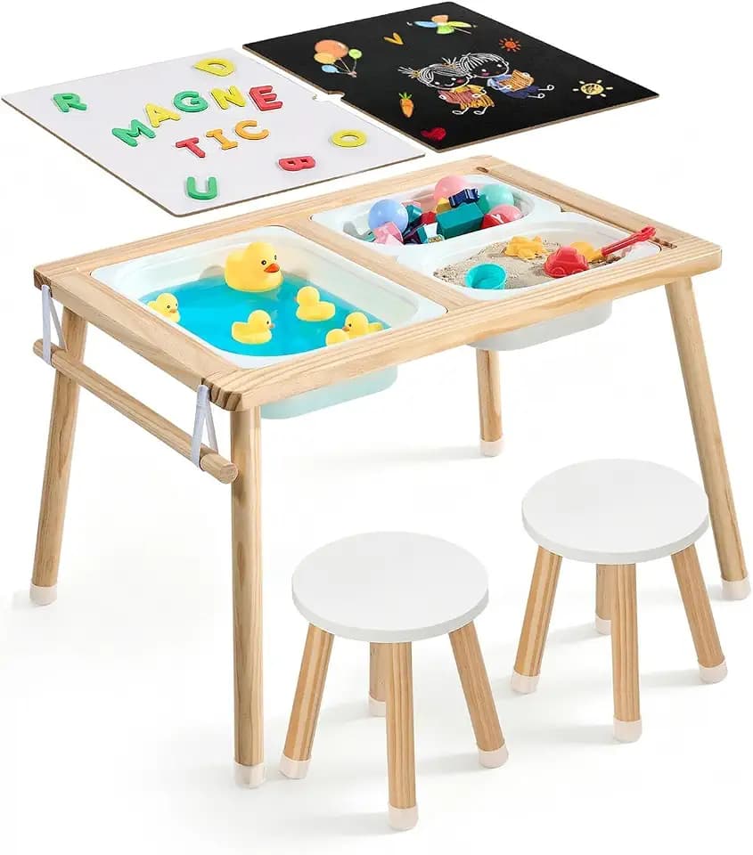 VEVOR Sensory Table for Toddlers, Wooden Kids Activity Table with 2 Stools, Double-Sided Board, Storage Bins, and Non-Slip Feet, for Boys and Girls Playing Sand and Water, Drawing, Studying, Dining