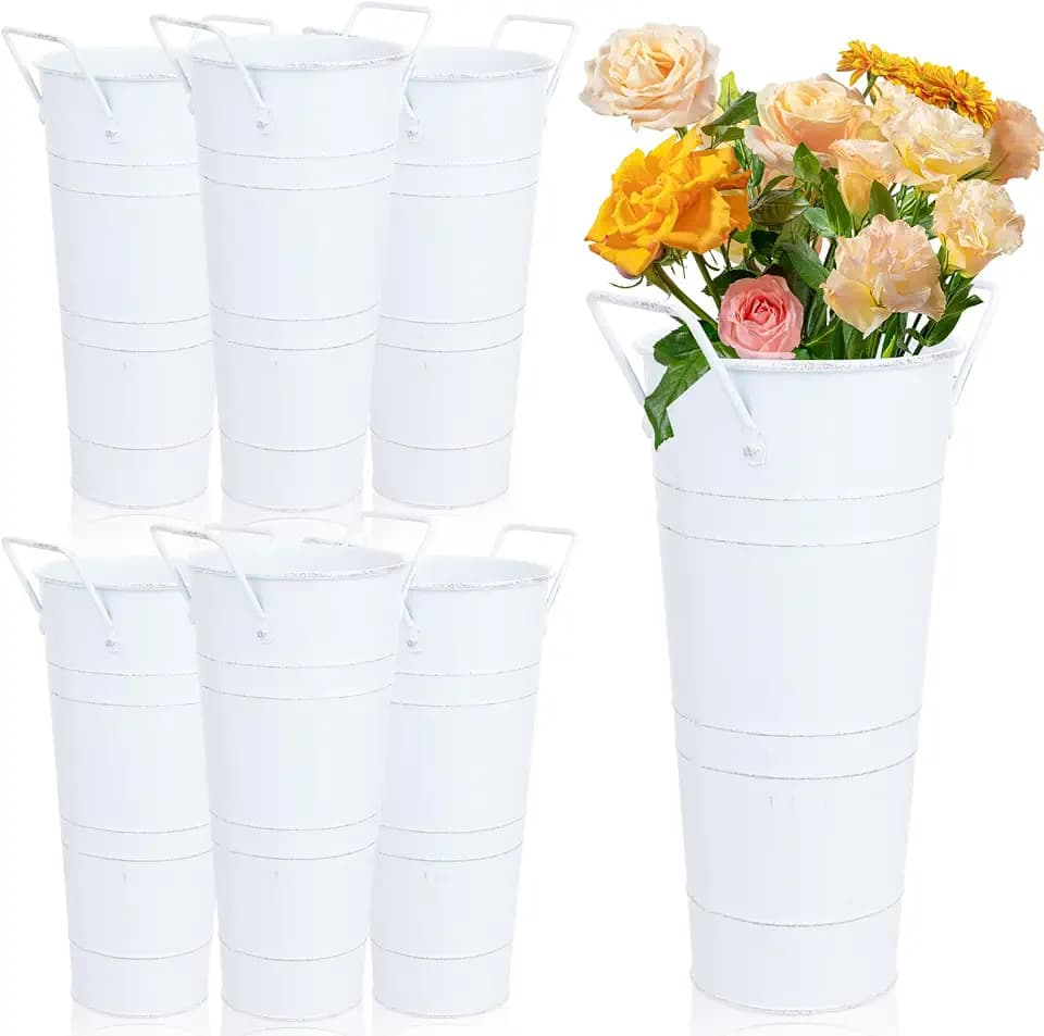 9 Inch Flower Buckets with Handles, White Vase for Flower Bar