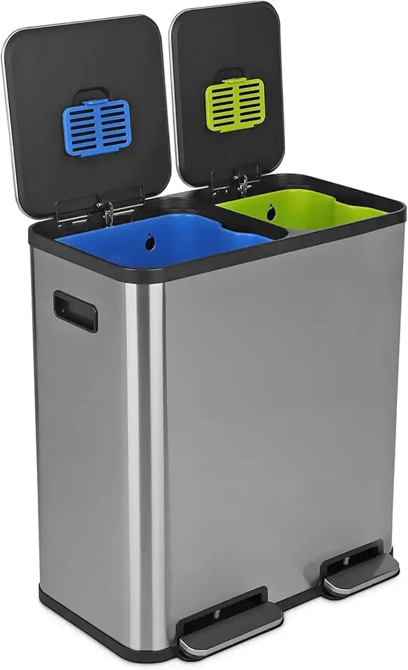 Simpli-Magic 18.5 Gallon (40L x 30L) Dual Compartment Step Trash Can – Kitchen Garbage Can with Waste & Recycling Bins – Slow-Close Lid, Odor Control, Hands-Free, Stainless Steel