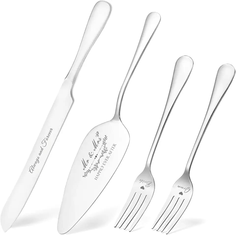 Wedding Cake Knife and Server Set, Silver 4-Piece with Forks