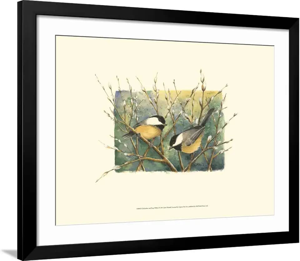 ART.COM Wall Art Print Chickadees and Pussy Willow on Black Frame by Janet Mandel, 40" x 32"