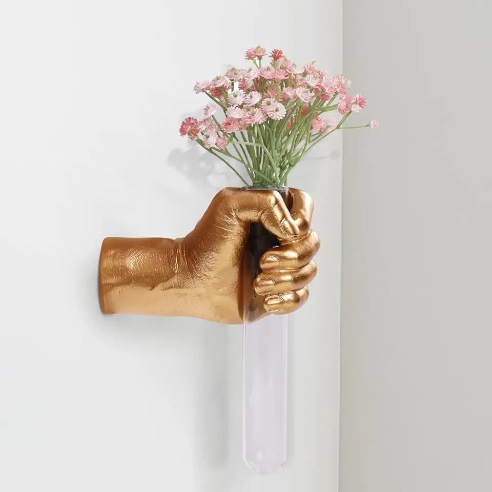 Gold Wall Sculptures, Hand Vases Home Decor, Wall Mount Art Sculpture, Unique Wall Art Statue, Funky Flower Vase Decorations, Modern Eclectic Hanging Decor,Glass Test Tube Vase