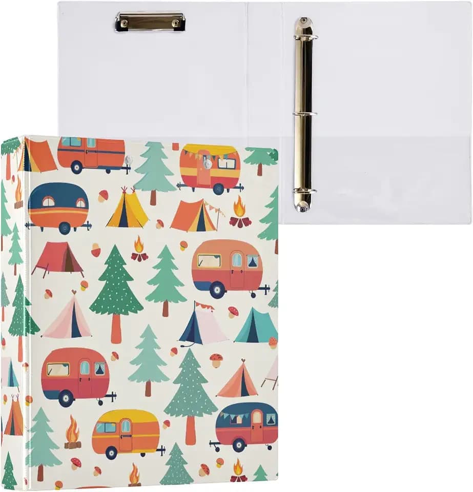 3 Ring Binder Camper Caravans and Tents in Forest, 1.5 Inch Round Ring Binder 200 Sheets View-Binders A4 Paper Binder Organizer for Home School Office, 1 Pack