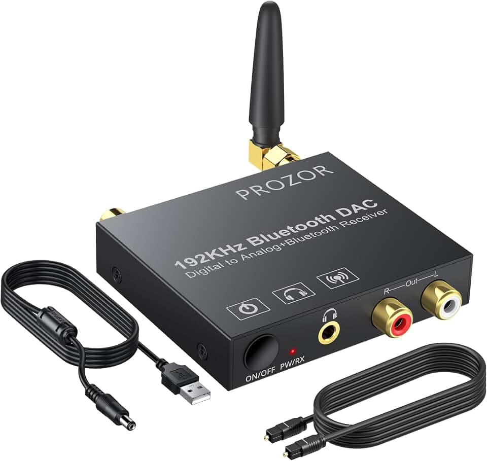 PROZOR 192kHz DAC Digital zu Analog Audio Konverter mit Bluetooth 5.0 Empfänger Digital Koaxial Toslink zu Analog Stereo L/R RCA 3.5mm Audio Adapter Toslink Optisch zu 3.5mm mit ON/OFF Schalter