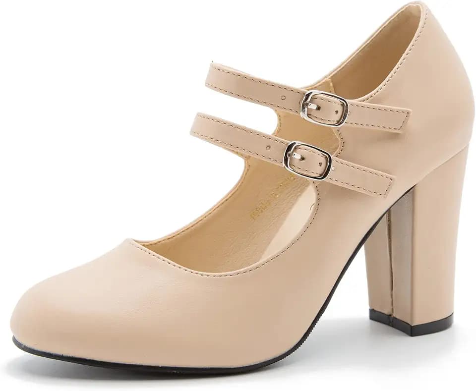 Women's Mary Jane Pumps, Double Strap, Chunky Block High Heel, Round Toe, 3.54 Inch Dress Shoes