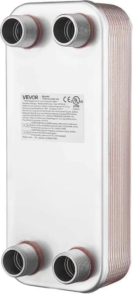VEVOR Plate Heat Exchanger, 5 x 12 in Brazed Plate Water to Water Heat Exchanger with 20 Plates, Mounting Bracket, Sturdy Stainless Steel Construction, 170-330K BTU for Boiler, Radiant Floor Heating