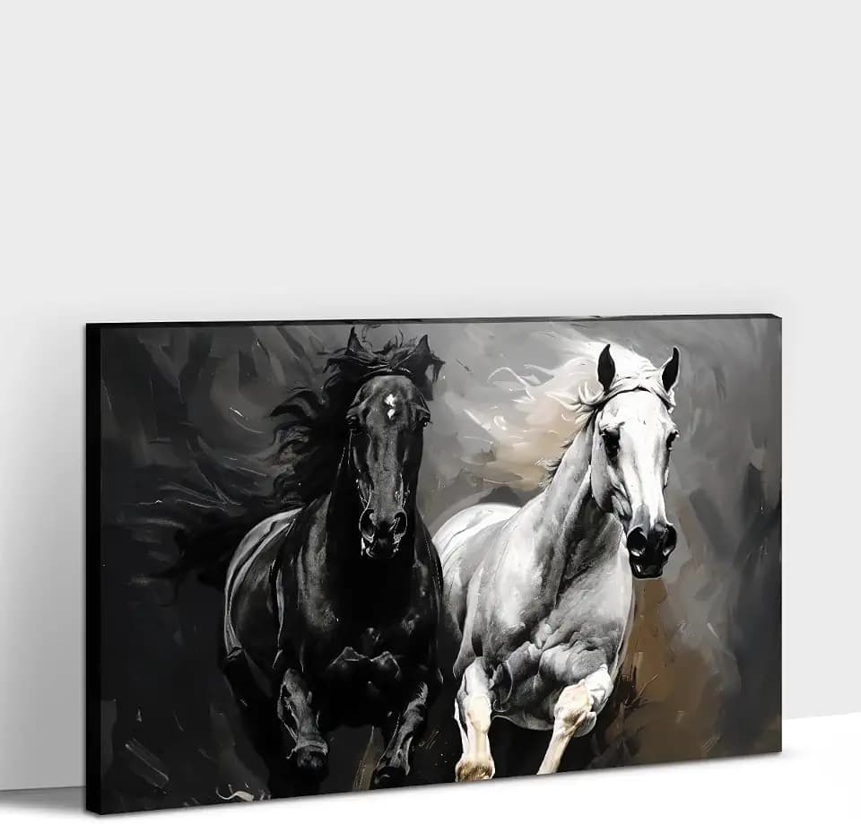 Horse Wall Art Wild Animal Picture Rustic Painting Black and White Horse Canvas Prints Modern Living Room Home Office Decor Framed - 12"x18"