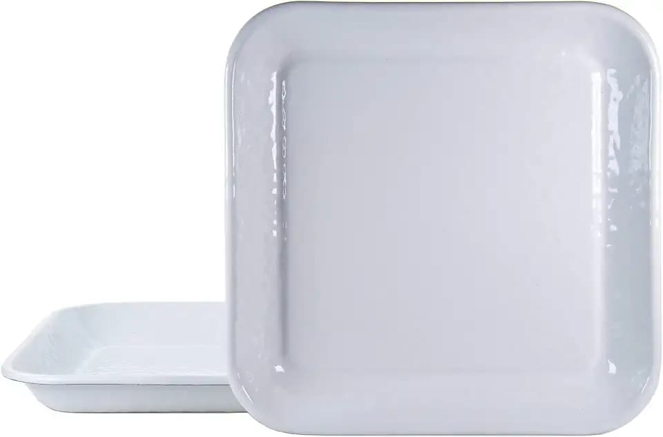 Golden Rabbit Enamelware Square Plates, 10.5 inch, Solid White Textured, Set of 2