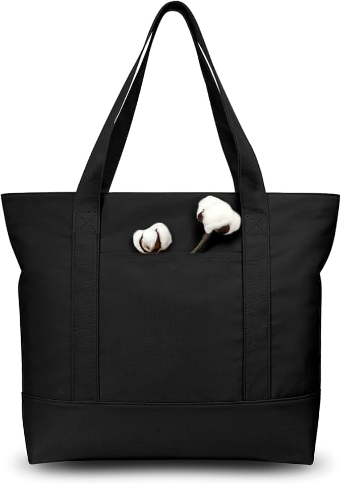TOPDesign 1-Pack Canvas Tote Bag with an External Pocket, Reusable Grocery Shopping Bag, Top Zipper Closure, Daily Essentials (Black)