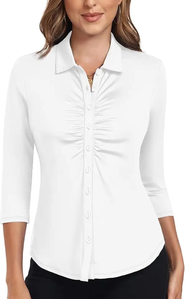 Soneven Women's 3/4 Sleeve Golf Polo Shirts Ruched Front Dressy Tops Casual Work Tunic Blouses Tops