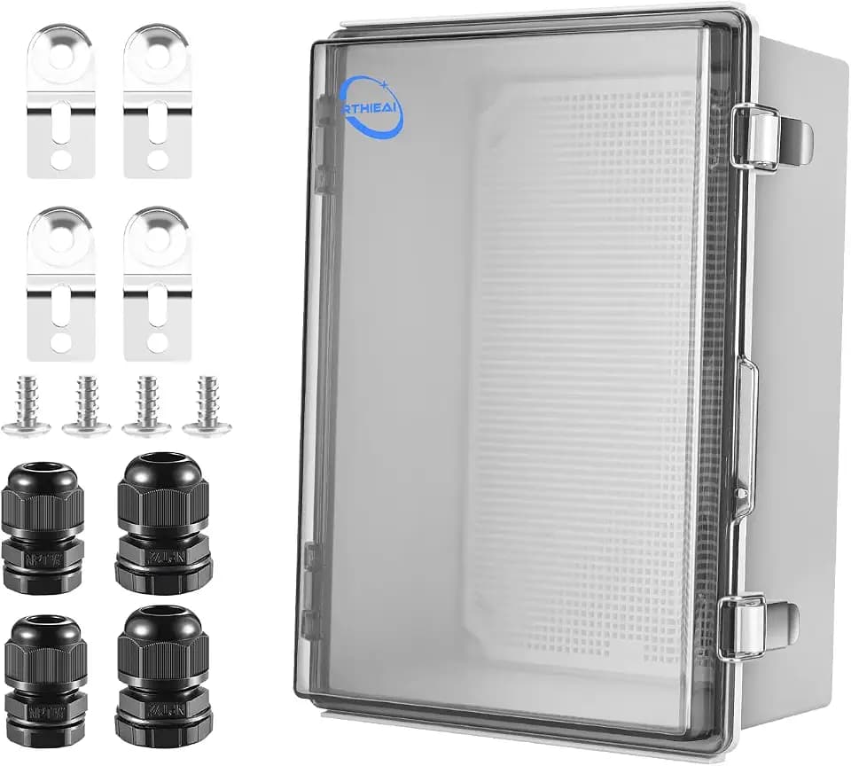 RTHIEAI Waterproof Outdoor IP67 Junction Box (13.8"x9.8"x5.9") with Mounting Plate, Hinged Clear Cover and Wall Brackets - Weatherproof ABS Plastic Electrical Enclosure for DIY Projects(350x250x150mm)