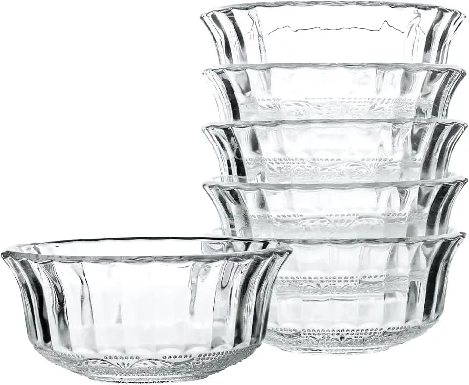 HillSpring 9.5 ounce Small Glass Bowls for Dessert, Snack, Fruit, or Nuts, 4.5" Textured Bowls Set for Kitchen Prep, Capacity Dip Bowls, Portion Control Bowls, Set of 6 (6)