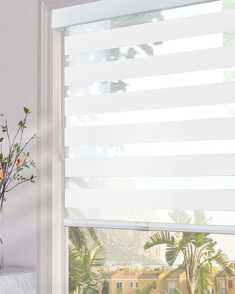 Persilux Cordless Zebra Blinds for Windows (46" W x 72" H, White) with Upgraded Cassette Light Filtering Dual Layers Sheer Shades Free-Stop Thermal Insulated Window Shades for Home
