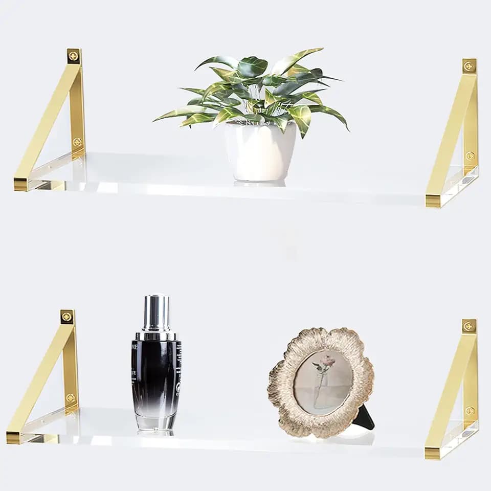 Sturdy Large 25×5.9 inch Thicker 2/5"(10mm) Crystal-Clear Acrylic Gold Shelves for Wall,Gold Floating Shelves,Clear Shelves for Wall Décor, Bathroom,Bedroom Pack of 2