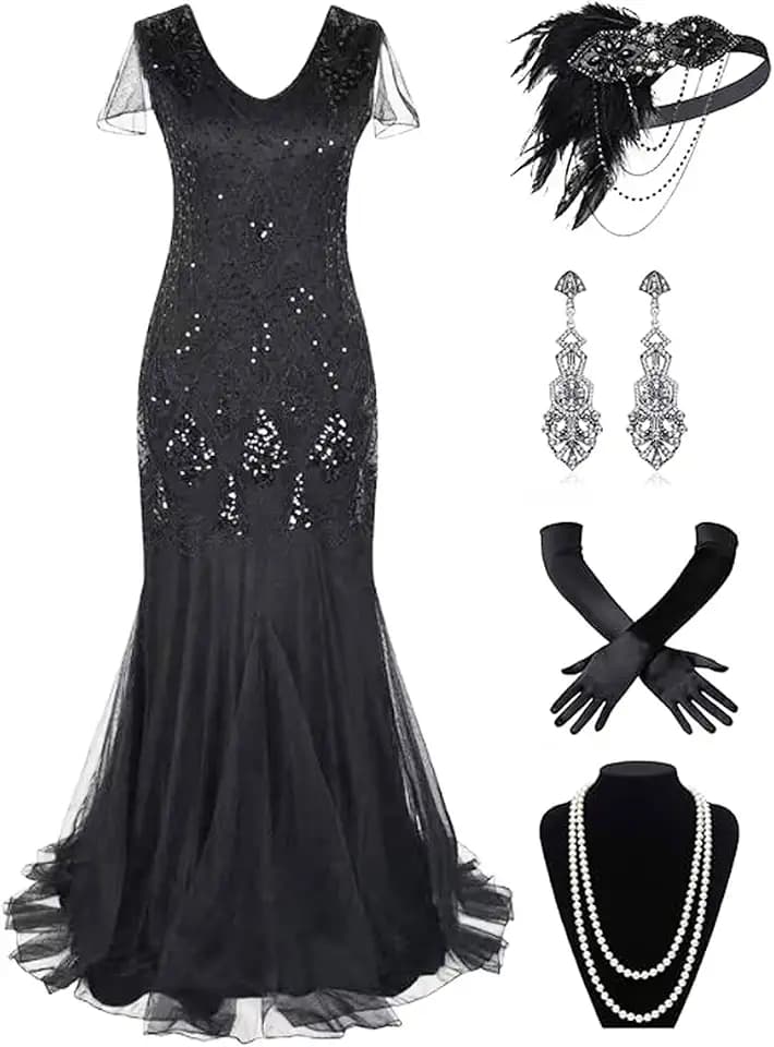 869A - Plus Size 1920s Vintage Fringed Gatsby Sequin Dimand Tassels Flapper Party Cocktail Dress with Accessories