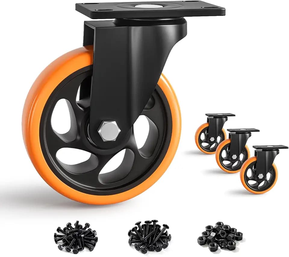5 Inch Heavy Duty Caster Wheels, Industrial Casters Set of 4 Load 2000lbs, Swivel Plate Castors, Roller Wheels for Furniture and Workbench Cabinet Table (with Screws) Orange