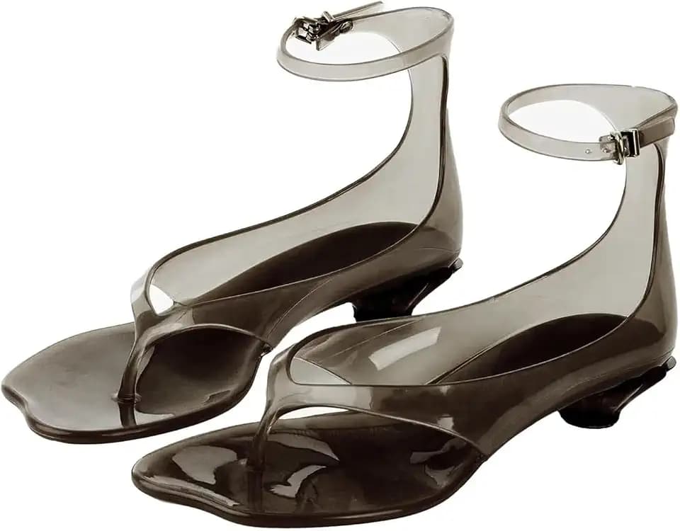 Agodor Jelly Thong Heeled Sandals for Women,Clear Flip Flop Low Kitten Heels for Women Square Open Toe Strappy Summer Casual Beach Adjustable Buckle Dress Sandals
