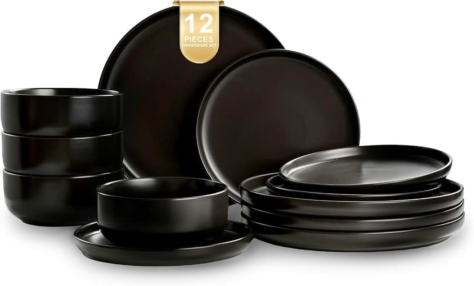 EWFEN Plates and Bowls Sets, 12 Pieces Ceramic Dinnerware Set for 4, Stoneware Dishware Dishes Set, Scratch Resistant Dishes Set, Dishwasher & Microwave Safe, Black