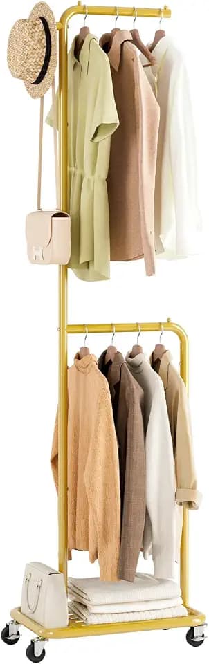 Small Rolling Clothing Rack with Shelf,Narrow Gold Clothes Rack with Wheels