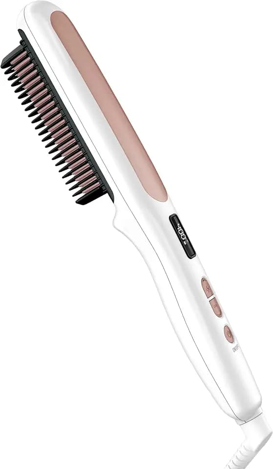 Conair Double Ceramic Hair Straightener Brush, Heated Straightening Brush for Smooth, Shiny Hair, V-Shaped Heated Bristles for Closer Contact, 5 LED Heat Settings, Dual Voltage, White