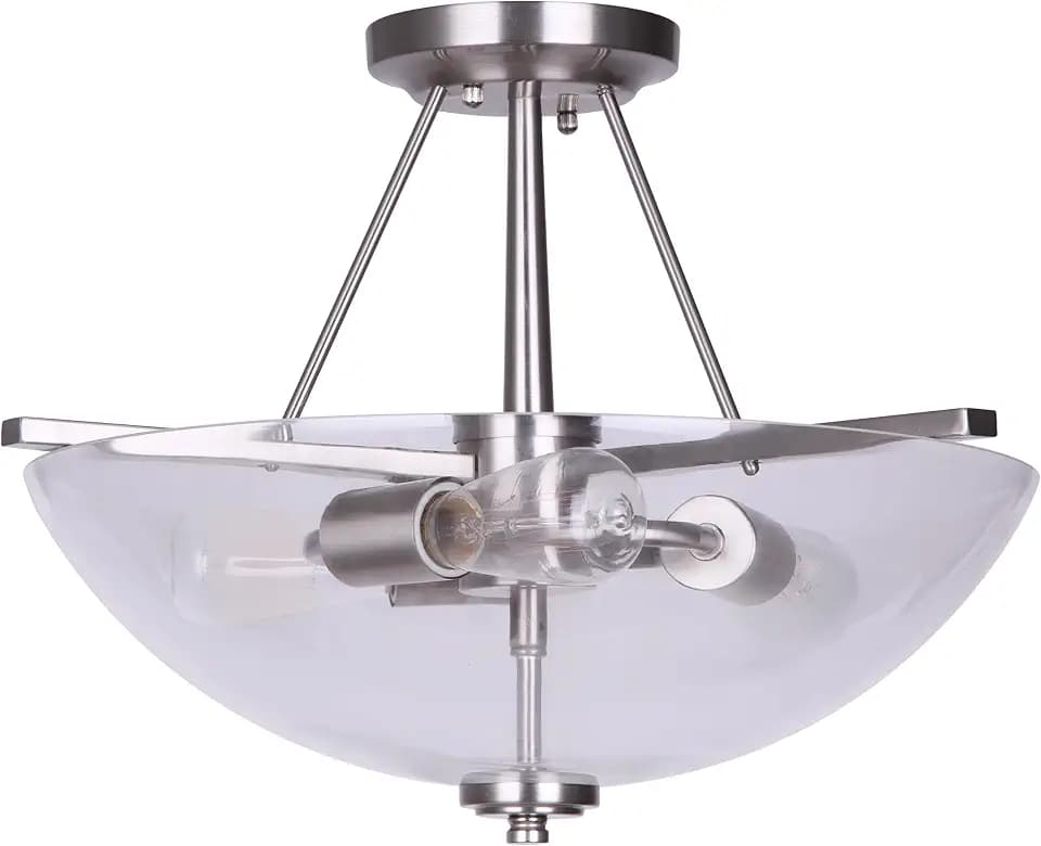 Canarm New Yorker 3-Light Semi Flush Mount Ceiling Fixture, 15-Inch Brushed Nickel Finish with Clear Glass, Transitional Lighting for Living Room or Bedroom