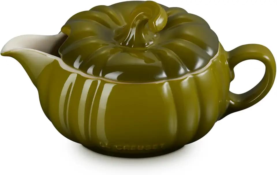 Le Creuset Stoneware Pumpkin Gravy Boat with Lid, 14 oz., Olive