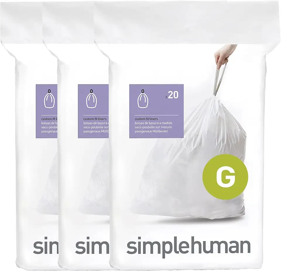 simplehuman Code G 60 Count Custom Fit Liners, Drawstring Kitchen Trash Bags, One-by-One Mess-Free Dispense, Extra Thick & Double Seamed, 50% PCR Plastic, 30 Liter / 8 Gallon, White