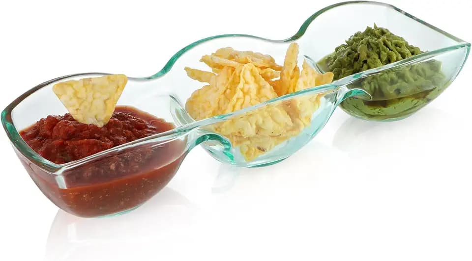 MDLUU Thick Glass Triple Dip Bowl, Large Divided Appetizer Serving Dish, 3-Compartment Snack Server for Entertaining, Party, Buffet, Event