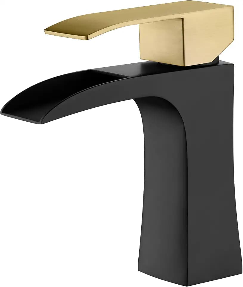 Sumerain Waterfall Deck Mount Bathroom Sink Faucet Single Hole Sink Faucet SUS304 Stainless Steel, Black& Gold