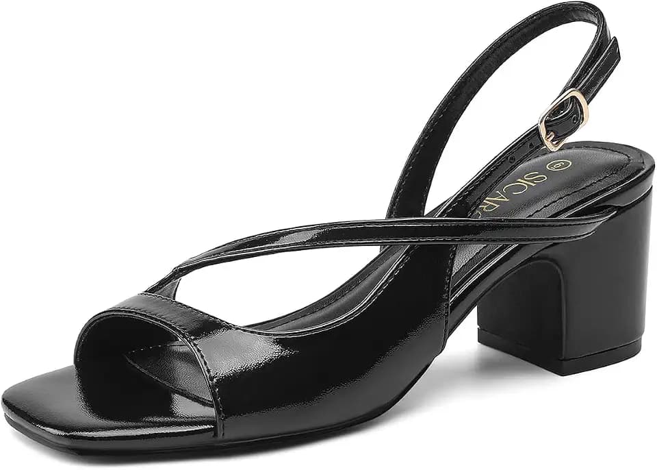 Women’s Square Open Toe Chunky Heels, Gold Silver Slingback Strappy Heel Sandals with Adjustable Buckle Strap Low Heeled Sandal Dressy Shoes