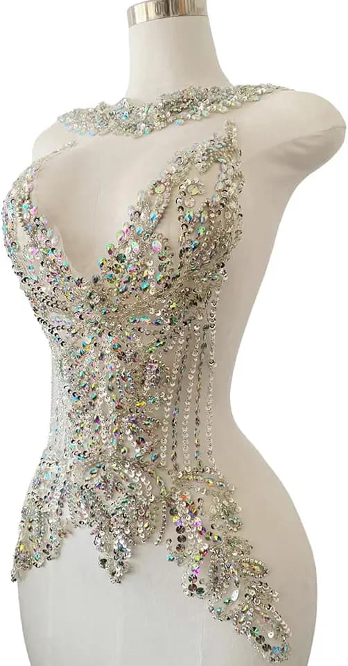 Large Size handsewing Rhinestones Bodice Applique sew on Crystal Beads Sequins Trim Patches Wedding Dress Decoration Accessories 13X16X22in (Clear AB)