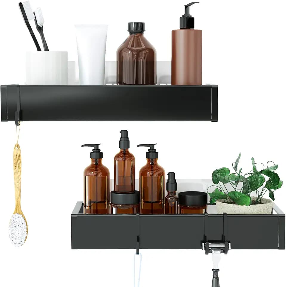 Shower Caddy, Adhesive Shower Organizer with Hooks, Shower Shelves for Inside Shower, No Drilling Shower Rack Holder, Shower Storage for Bathroom, Kitchen Spice Rack-2 Pack Black