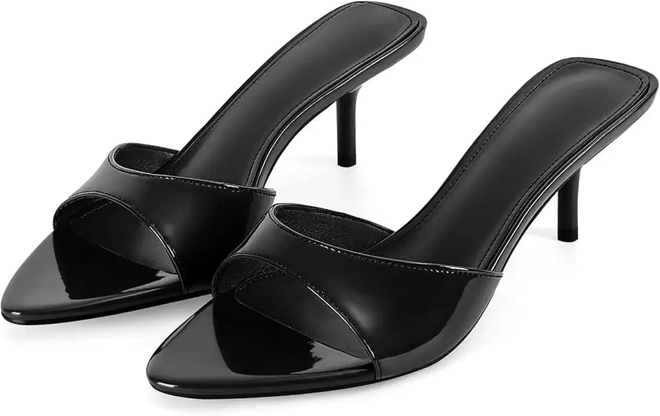 Dsevht Kitten Heels for Women Pointed Open Toe Slip on Mules Patent Leather Heeled Sandals Low Stiletto Heel Backless Dress Pumps for Wedding Party Office Summer Shoes