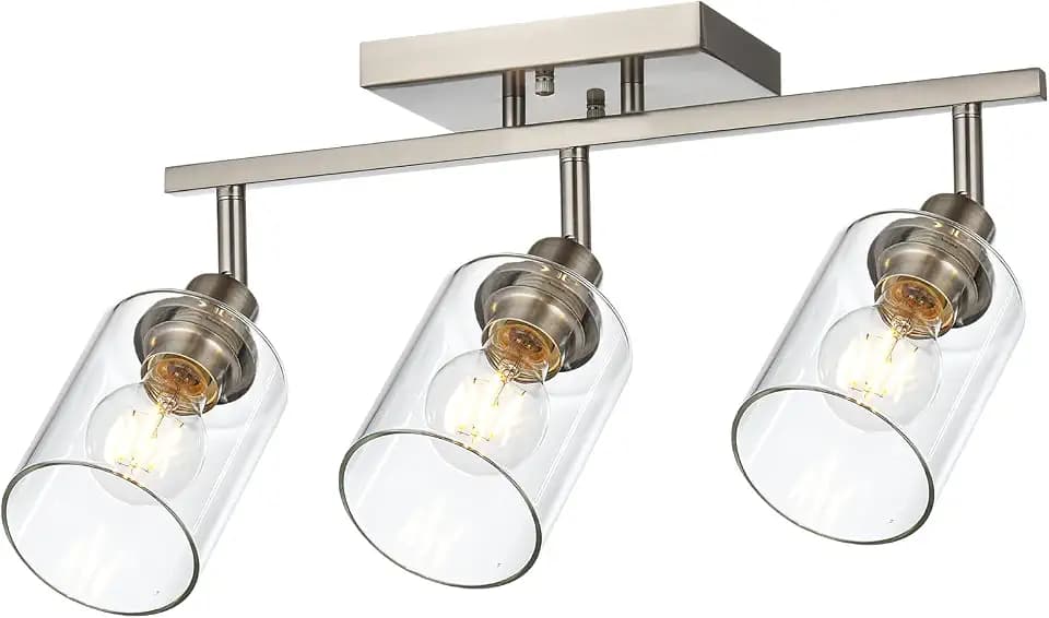 3 Light Bathroom Vanity Light Fixture with Clear Glass Shade,Brushed Nickel Multi-Directional Rotating Metal Ceiling Spotlight Fixture with Adjustable Track Heads