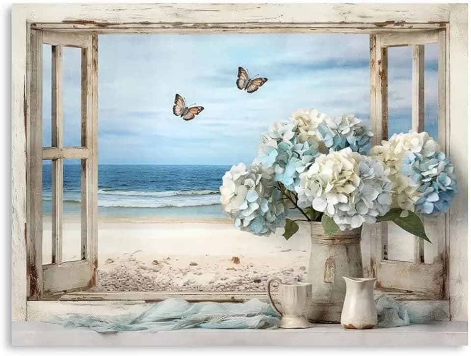 Vintage Ocean View Window Canvas Wall Art, High-Resolution Print with Fresh Blue and White Hydrangeas and Butterflies, Rustic Style Decor for Bathroom, Bedroom, Office Framed 16"X24"