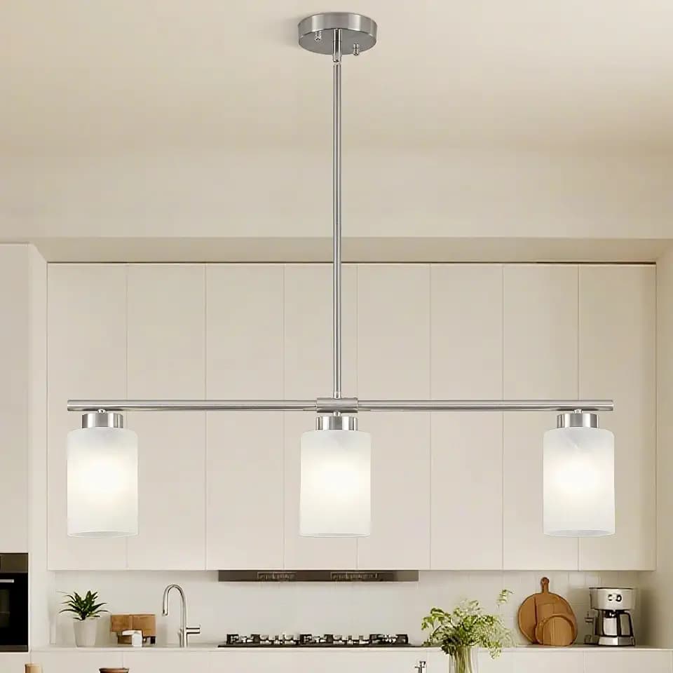 3-Light Kitchen Island Lighting Brushed Nickel Dining Room Light Fixture with Milk Glass Shade 31" Modern Linear Chandelier Adjustable Hanging Pendant Lighting Over Island Dining Table Living Room,E26
