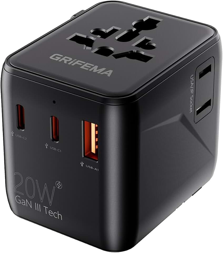 GRIFEMA Weltweiter 5 in 1 Reiseadapter mit 2 USB C, 20 W PD