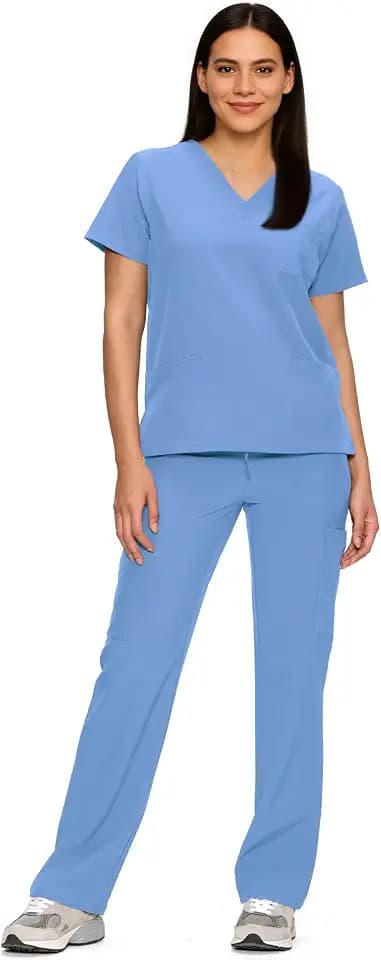 Scrubs for Women Set, V-Neck Top & Straight Leg Pants with 11 Pockets