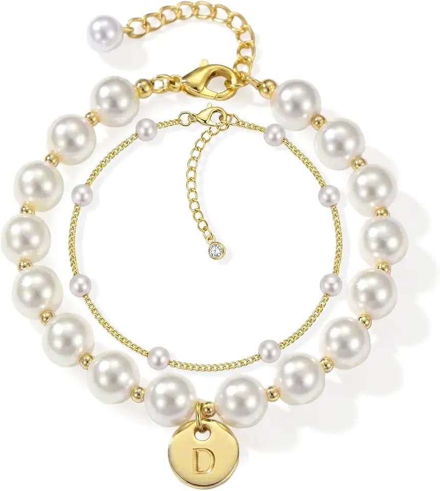 Fizzlup 2Pcs Pearl And Gold Initial Bracelet Set,Dainty Pearls Bracelets Jewelry for Women Wedding Prom Trendy Crystal Charm Cuff Stack Bead Linkbracelet Personalized Gift Stuff Letter