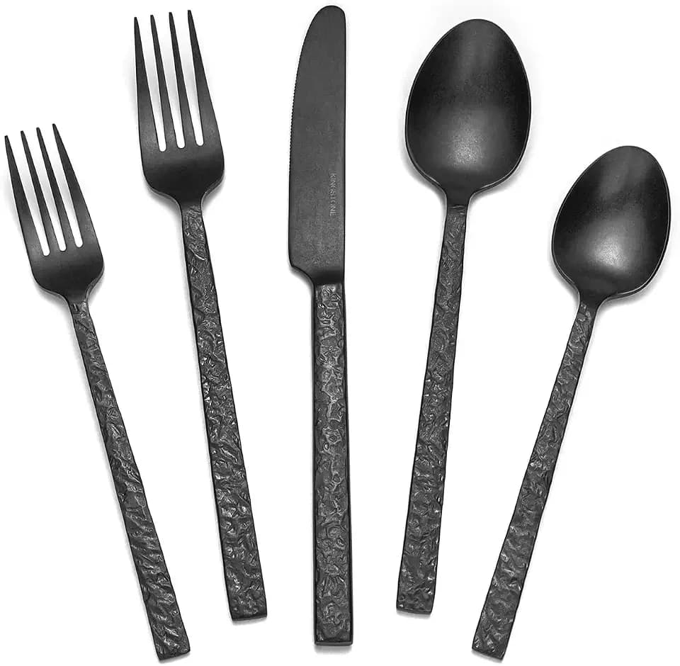 60 Pcs Black Hammered Silverware Set for 12, 18/10 Stainless Steel Flatware