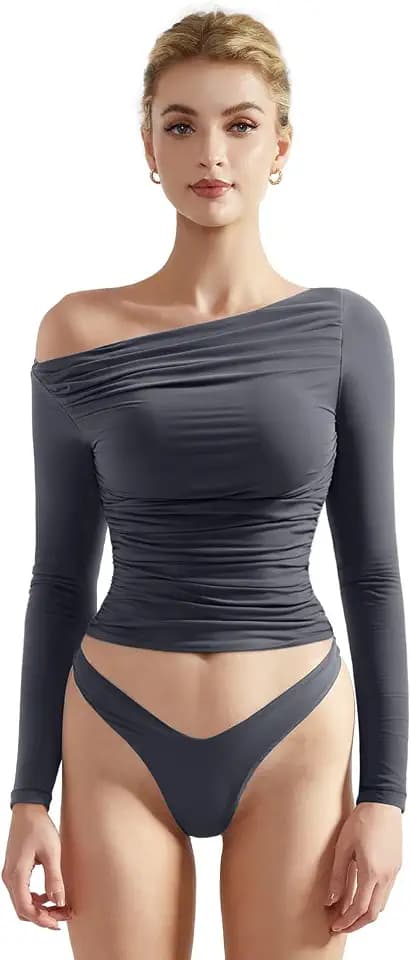 SUUKSESS Women Long Sleeve Shirts Double Lined Off Shoulder Fitted Crop Top