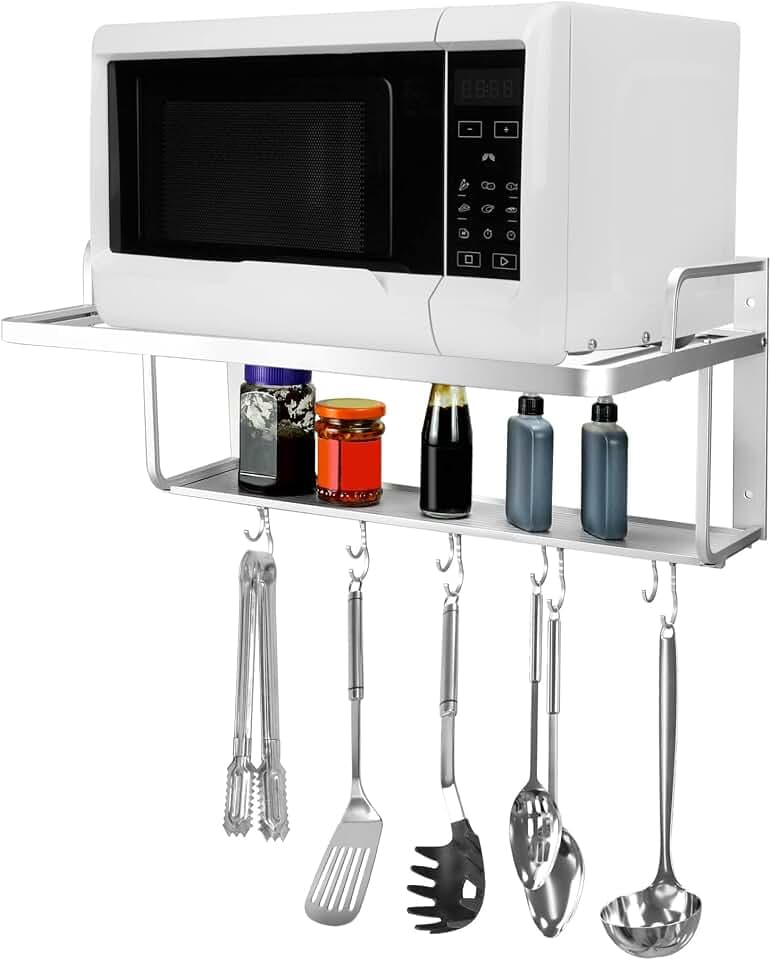 QWORK Microwave Oven Rack Shelf, Wall Mount Electric Oven Holders, Aluminum Double-Layer Microwave & Spice Rack, 2 Shelves with 10 Hooks, Support Load 88lbs, 21.65"x15"x9.84"