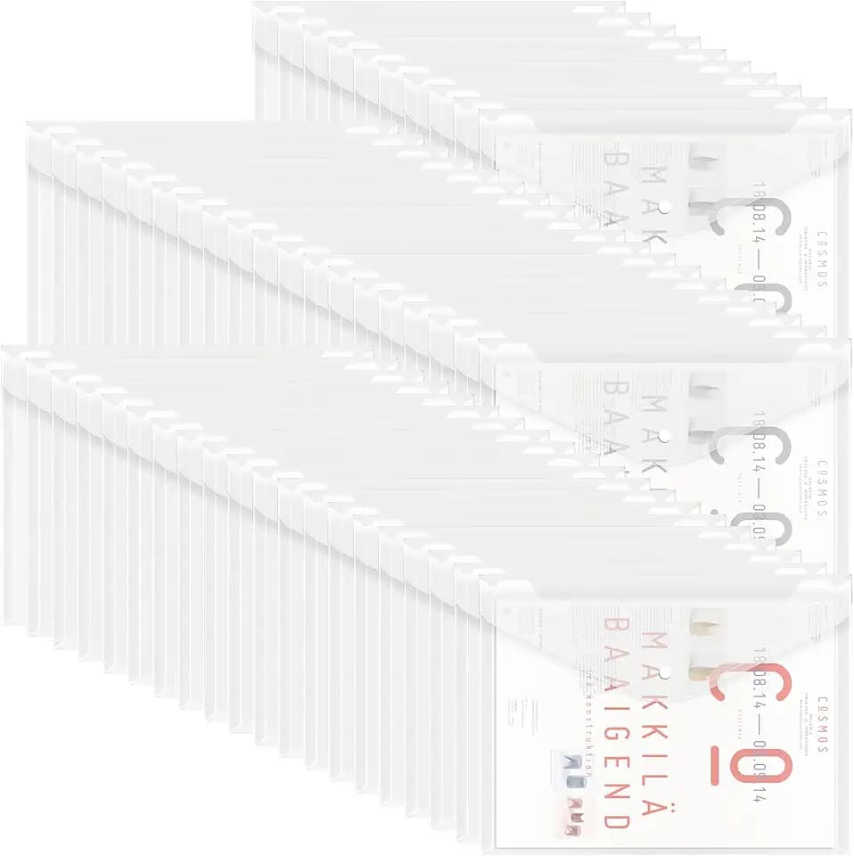 EOOUT 50pcs Plastic Envelopes with Button Snap Closure, Clear Poly Folders for Documents, Waterproof Plastic File Folder, Letter Size, A4 Size, for School and Office Supplies